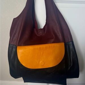 COS Stylish Burgundy and Yellow Leather Tote